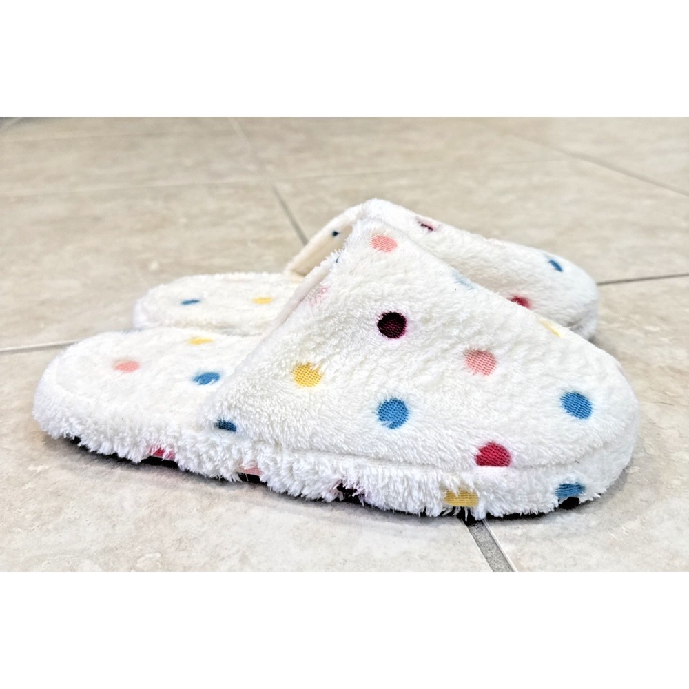 New Soft Fuzzy White Polka Dot Slippers Sz 40/41 US 9/10 Comfort Lounge Slides